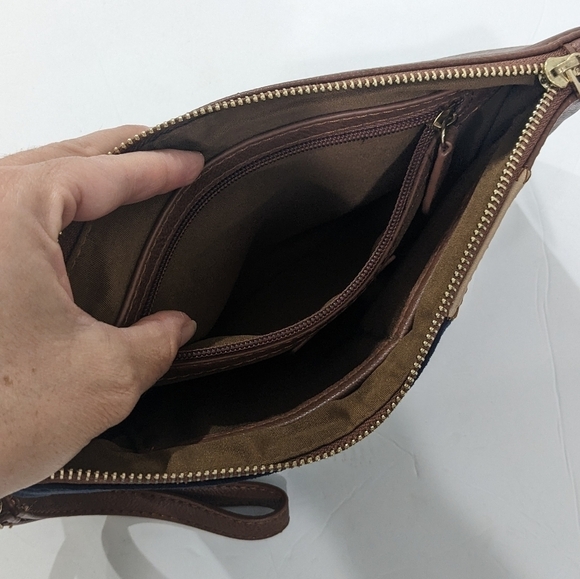 Chico's Women Navy Blue Brown Suede Leather Wristlet Wrist Bag Zipper OS - Picture 9 of 9